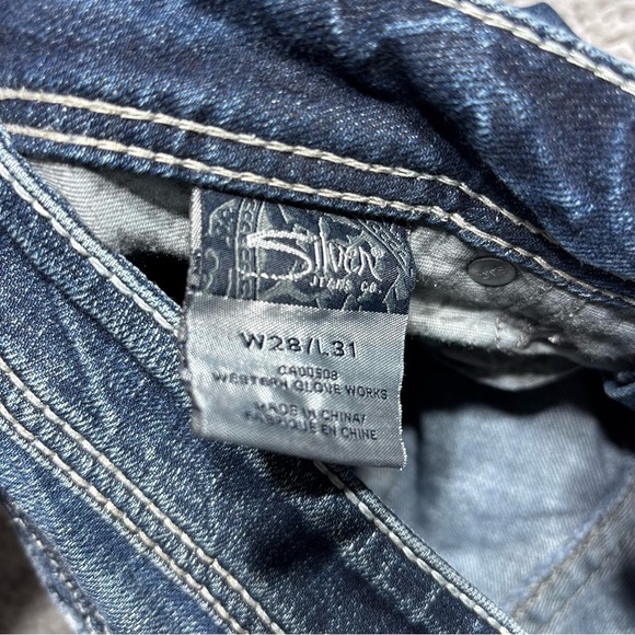 Silver Jeans Womens 28 Tuesday Slim Boot Cut Low Rise Dark Distressed Big Stitch - Picture 3 of 5